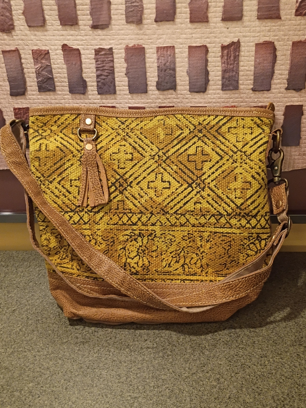 Myra Bag Yellow Embroidered Crossbody with Brown Leather Trim